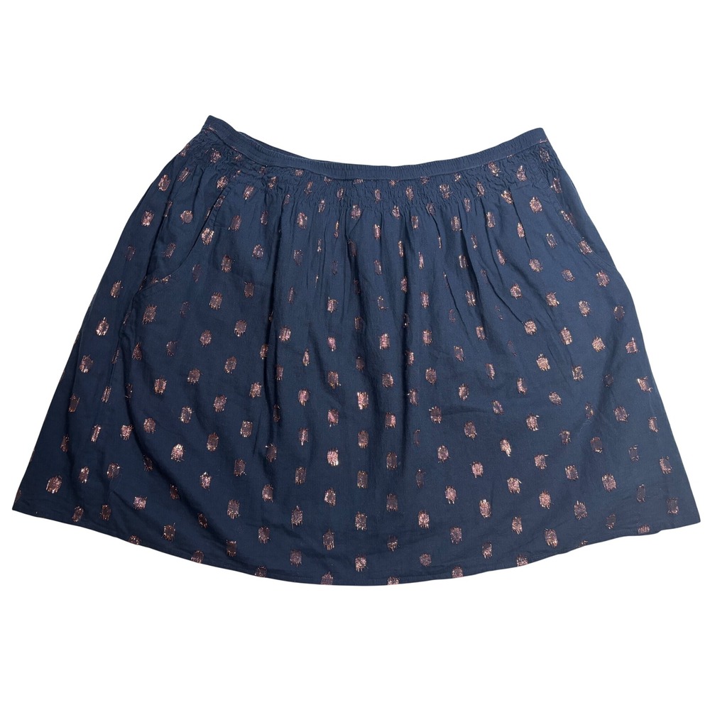 J.Crew Mini Skirt Navy Blue Excellent Smocked Waist Metallic Rose Gold Dot Med